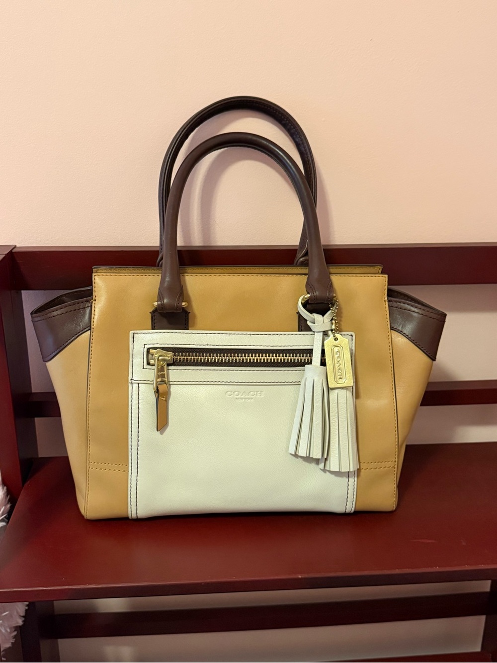 Coach Two-Tone Leather Satchel in Tan, White & Brown